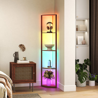5 Tier LED Floor Lamp With Shelves And Remote Control For Living Room, Brown