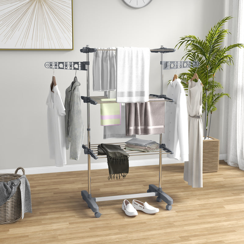 Folding Clothes Airer with Three Shelves and Side Arms on Wheels for Indoor Use, Grey
