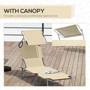 2 Piece Foldable Sun Lounger Set with Adjustable Backrest and Canopy for Garden Beige AOSOM