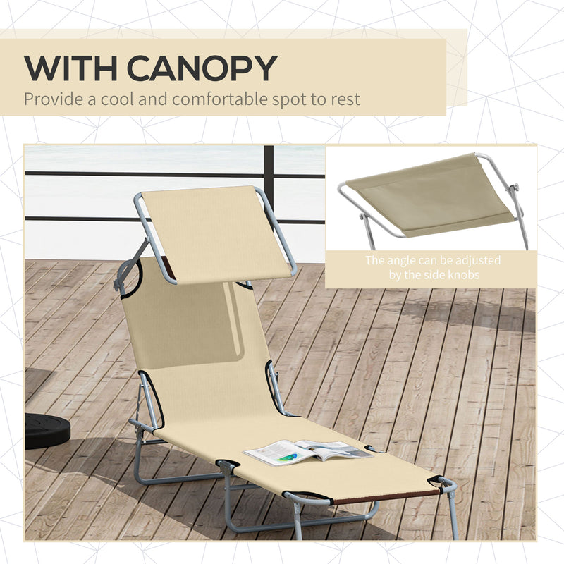 2 Piece Foldable Sun Lounger Set with Adjustable Backrest and Canopy for Garden Beige AOSOM