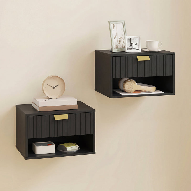 Floating Bedside Tables Set of 2 with Drawer and Shelf for Space Saving Black AOSOM