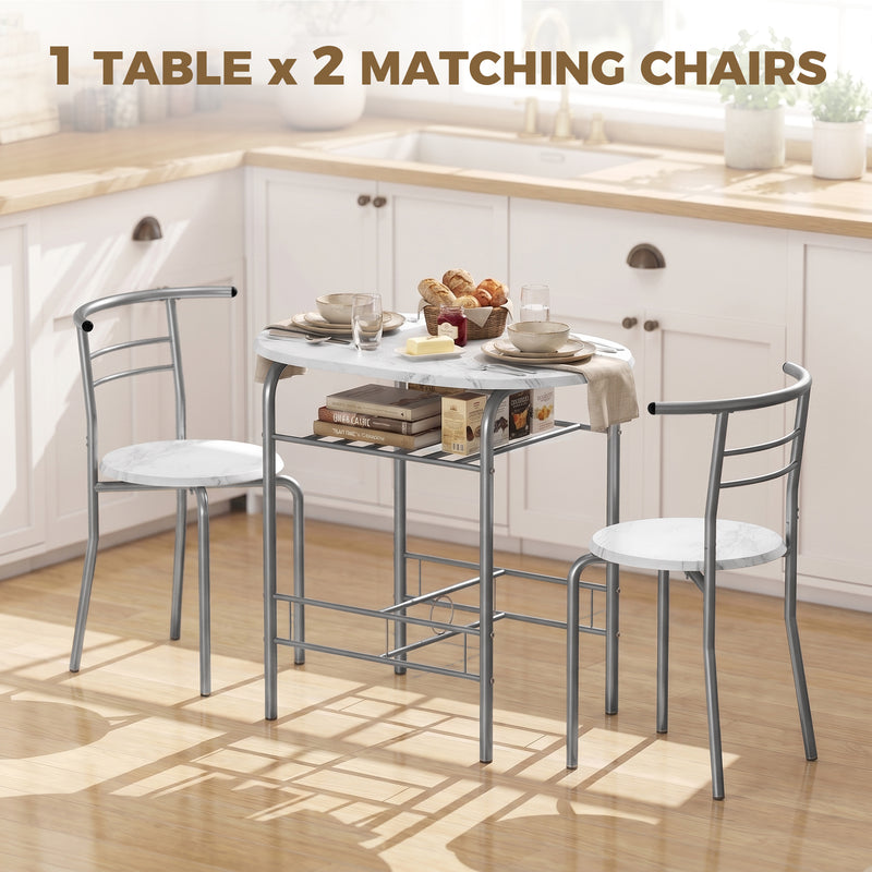 Compact Dining Table and 2 Chairs with Shelf for Small Kitchens White Marble Effect