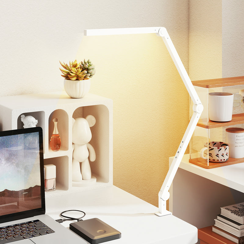 Dimmable LED Desk Lamp with Adjustable Swing Arm and Clamp for Office or Study White