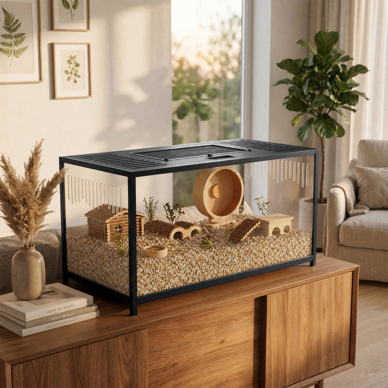 Hamster Cage with Deep Base for Natural Digging and Easy Cleaning Black Transparent