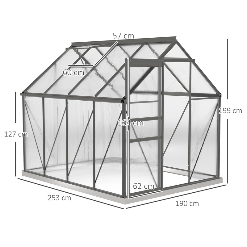 Walk In Polycarbonate Greenhouse with Roof Vent Ideal for Garden Growing, Dark Grey, 190x253x199cm