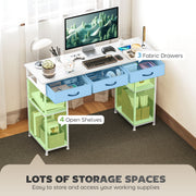 White 120cm Computer Desk with Power Outlets 3 Drawers and 4 Storage Shelves for Home Office