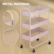 3 Tier Rolling Storage Trolley With Mesh Baskets For Kitchen Or Bathroom Use Light Pink