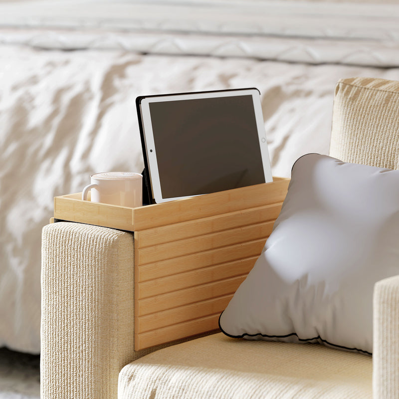 Sofa Arm Tray for Drinks and Snacks with Anti-Slip Base Bamboo Natural Wood Finish