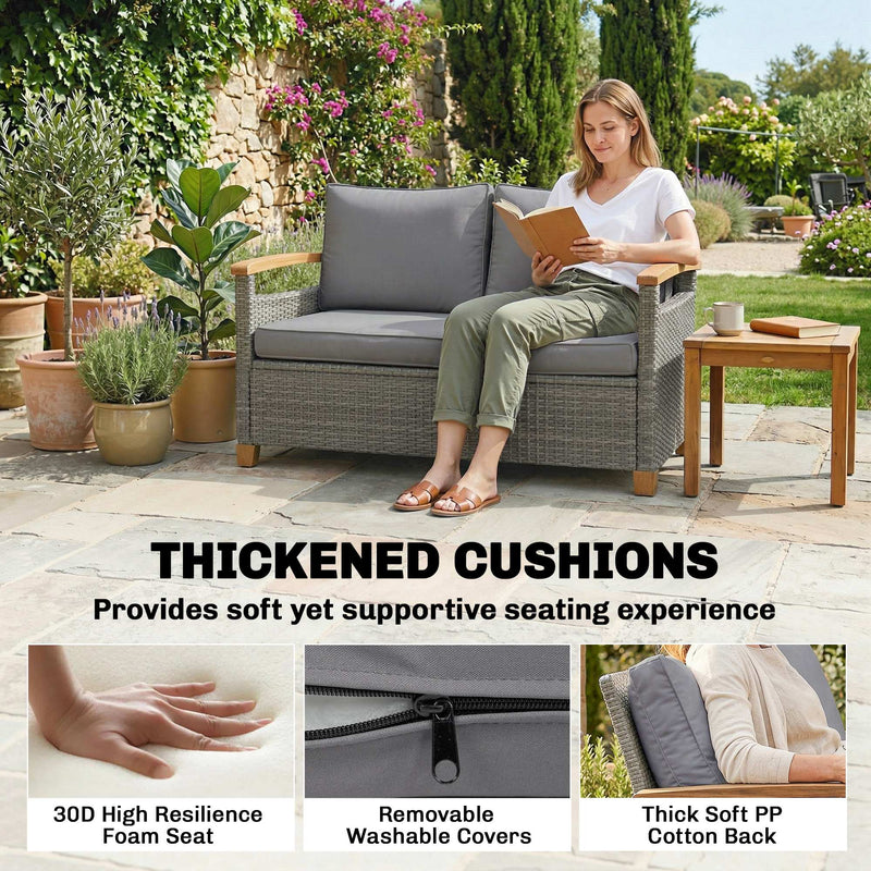 2 Seater Garden Rattan Sofa with Thick Cushions and Supportive Armrests for Outdoor Relaxing Dark Grey Outsunny