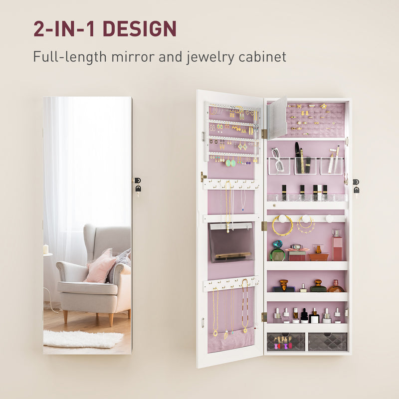 White Lockable Jewellery Cabinet with LED Lights and Pink Lining 108 x 37cm by HOMCOM