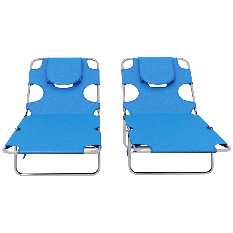 Set of 2 Blue Foldable Sun Loungers with Reading Hole and 5 Position Adjustable Backrest
