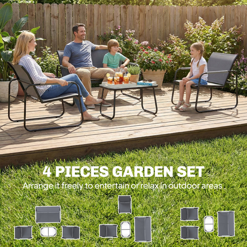 4 Piece Garden Furniture Set with Breathable Mesh Seats and Glass Table. Grey/Black