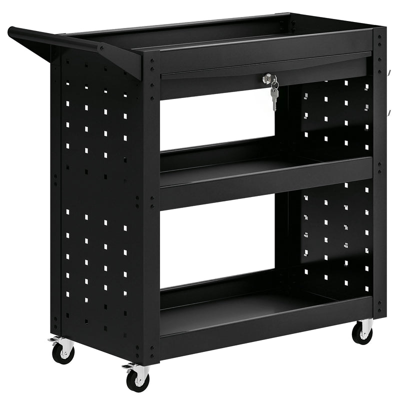 Tool Trolley with Lockable Drawer and Pegboards for Organised Workshop Storage Black