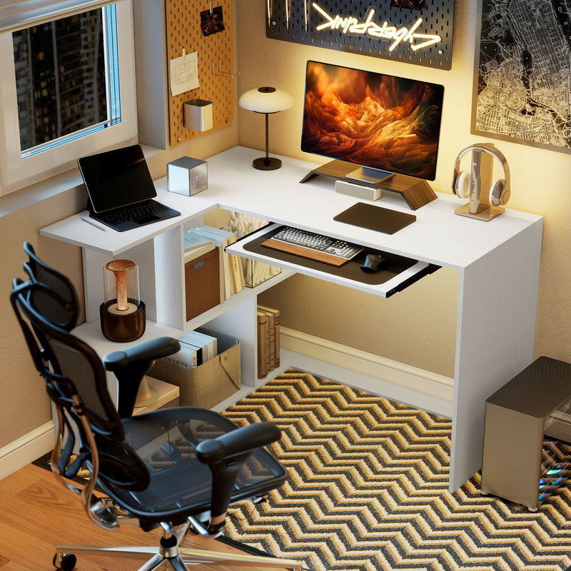 L Shaped Corner Desk with Shelves and Keyboard Tray for Small Home Office White