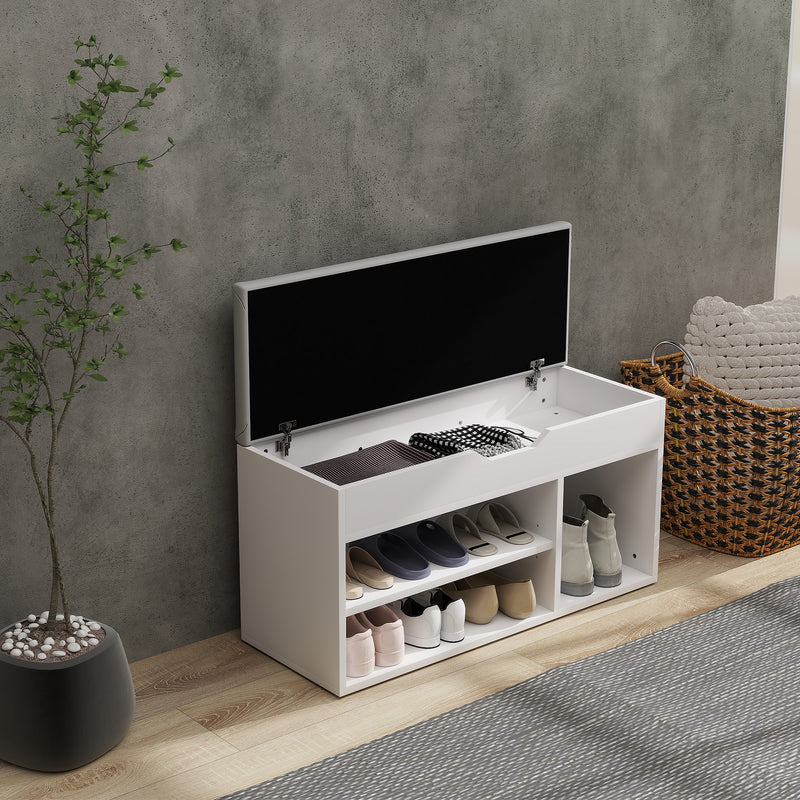 Cream White Entryway Shoe Storage Bench With Padded Seat and Hidden Compartments by HOMCOM