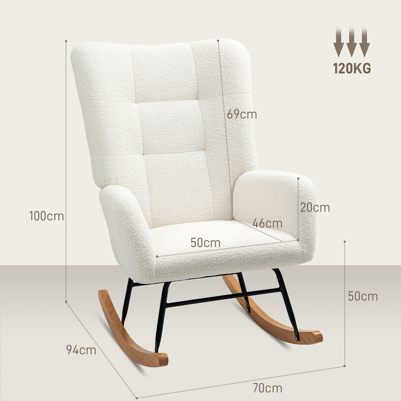 Cream White Teddy Fleece Wingback Rocking Chair with Wooden Base by HOMCOM