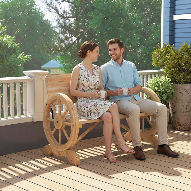 Wooden Garden Bench with Wagon Wheel Design for Two People Natural Wood Finish Outsunny