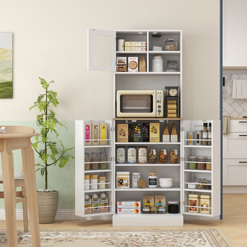 White Kitchen Pantry Cabinet with Microwave Shelf & Adjustable Shelves 60 × 35 × 169cm Homcom