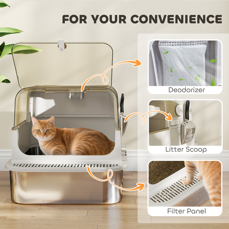 XXL Stainless Steel Covered Cat Litter Box With Flip Cover And Scoop Easy To Clean, Controls Odours, Grey