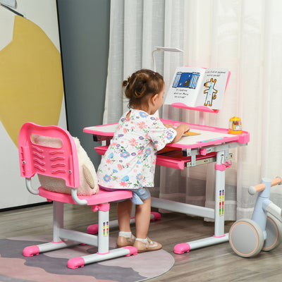 Adjustable Kids Study Desk and Chair Set with Storage and Drawer for Homework, Pink