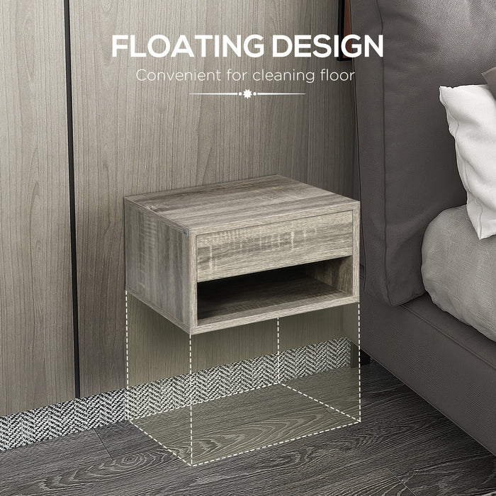 Set of Two Floating Bedside Tables with Drawer and Shelf Brown Wood Effect by HOMCOM