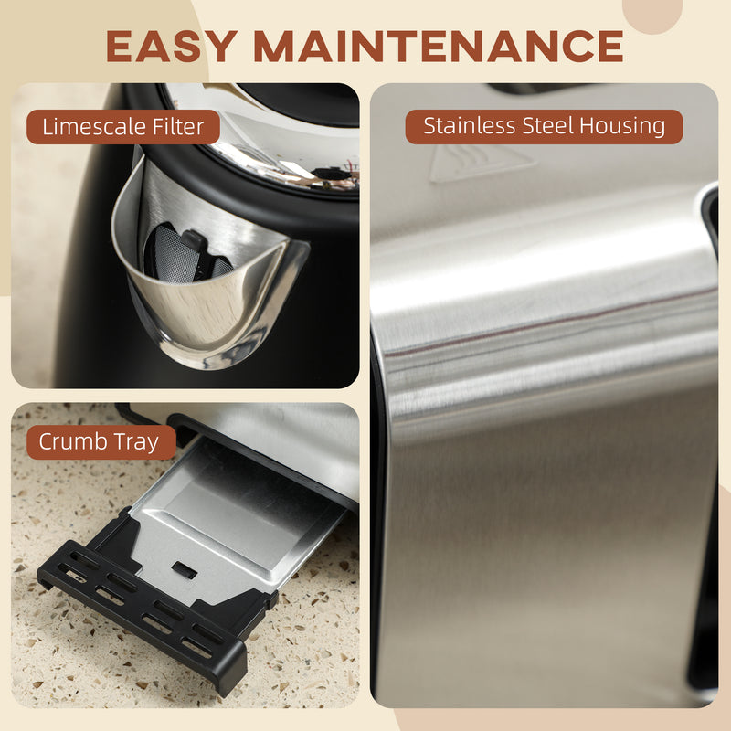Stainless Steel Kettle and 4 Slice Toaster Set with Rapid Boil and Crumb Tray Black Silver