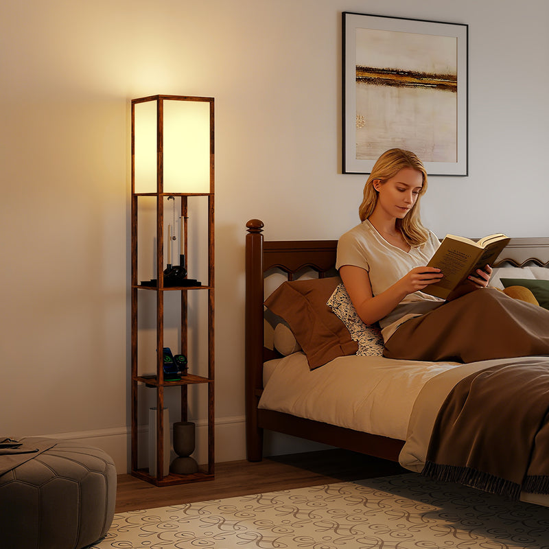 Floor Lamp With Shelves For Living Room or Bedroom - USB Charging Ports, Rustic Brown Homcom