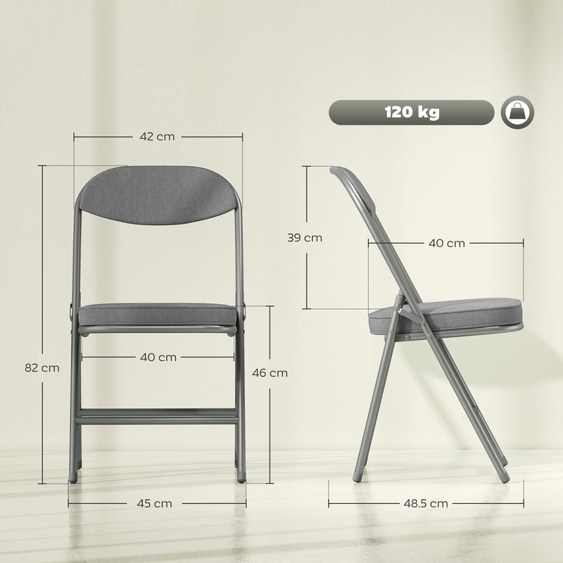 Folding Chairs Set of 4 for Extra Comfortable Guest Seating with Padded Corduroy Grey Homcom
