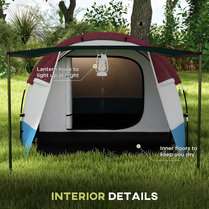 Three Person Two Room Camping Tent With Porch And Organised Storage Red