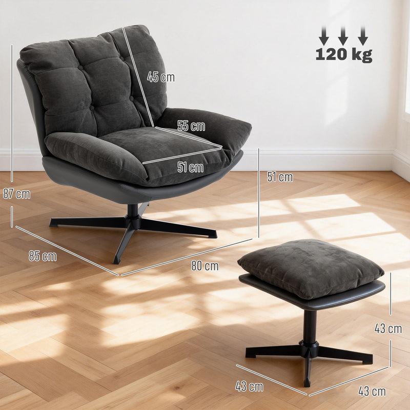 Swivel Accent Chair and Footstool Set for Relaxing in Living Room or Bedroom Dark Grey AOSOM