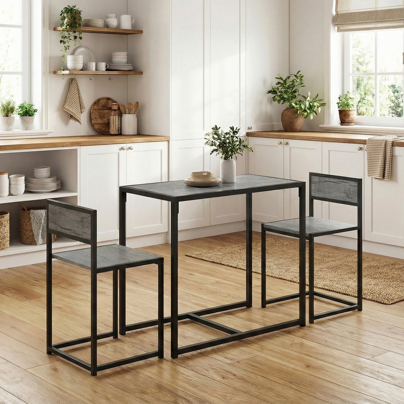 3 Piece Dining Table and Stool Set With Wood Effect Finish for Small Spaces, Charcoal Grey, 90L x 47W x 76H cm