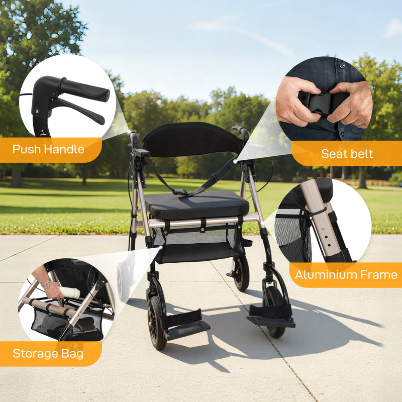 4 Wheel Rollator Walker with Seat and Storage for Elderly or Disabled Support Black AOSOM