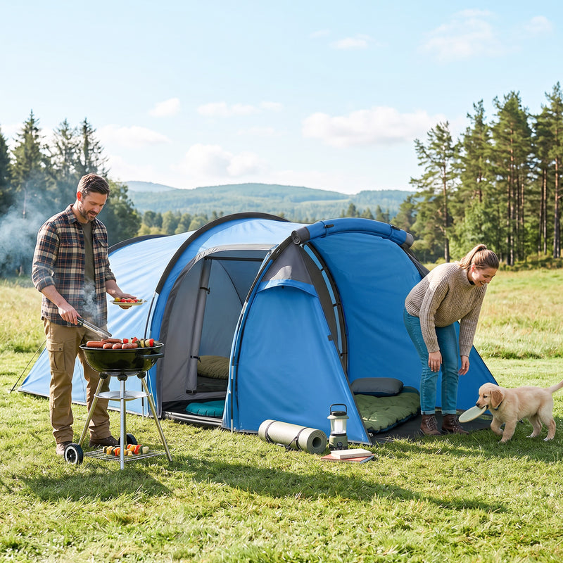 Outsunny 2 Room Tent with Vestibule, Weather-Resistant Camping Tent with Air Vents for Fishing Hiking, Sky Blue