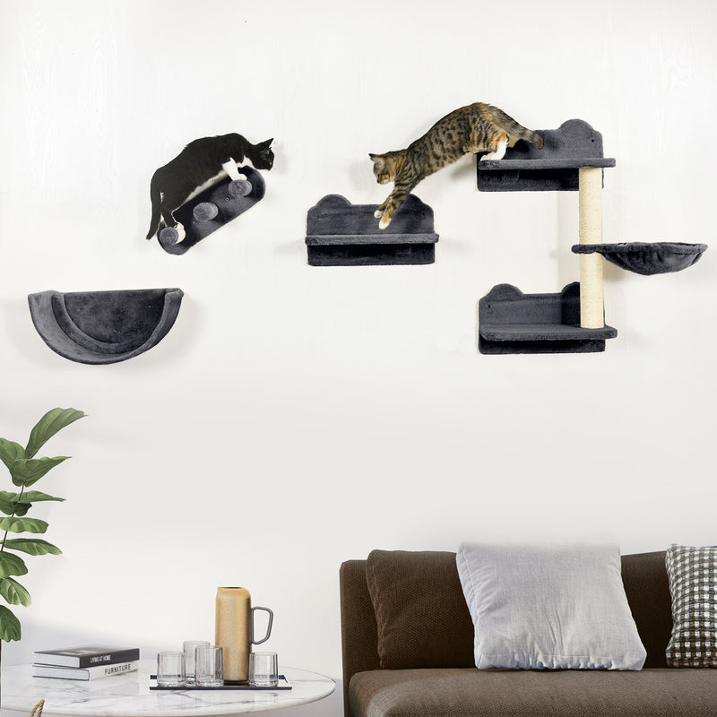 Wall Mounted Cat Shelves Set with Hammock Scratching Post and Nest for Climbing Fun Dark Grey