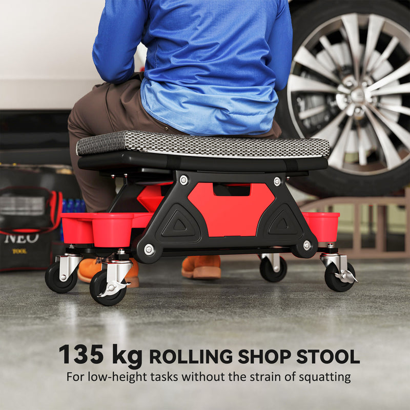 Mechanic Roller Seat with Tool Storage and Cushioned Support for Garage Work Black
