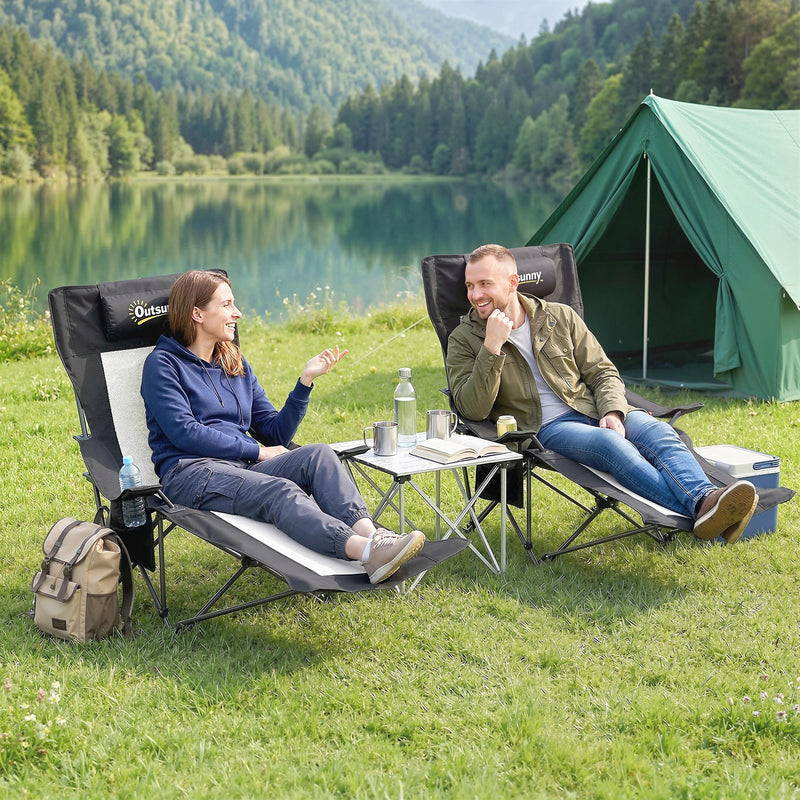 Set of 2 Reclining Camping Chairs with Adjustable Backrest and Cup Holder Black