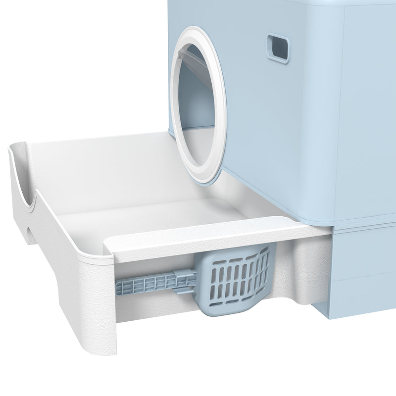 Enclosed Cat Litter Box with Lid Pull Out Tray Scoop and Top Exit for Easy Cleaning, Blue