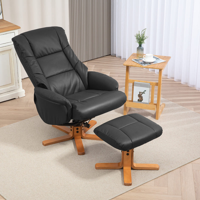 Black Faux Leather Reclining Armchair with Matching Footstool and Curved Wood Base for Living Room