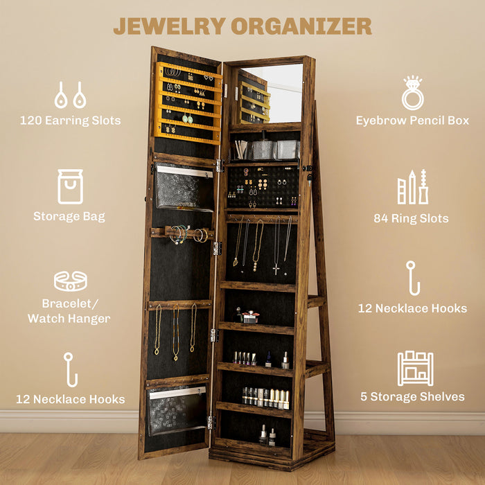 Lockable Rustic Brown Jewellery Cabinet With 360Â° Swivel and Full Length Mirror by HOMCOM