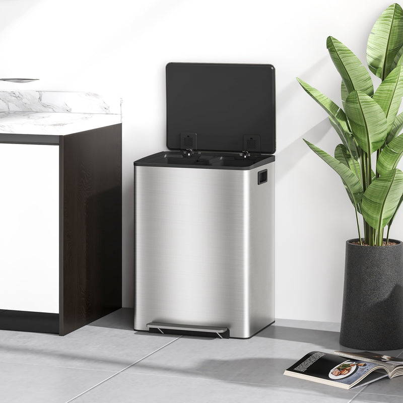 Indoor Kitchen Recycling Bin with Deodorisers 60L Dual Compartment Stainless Steel Silver Tone