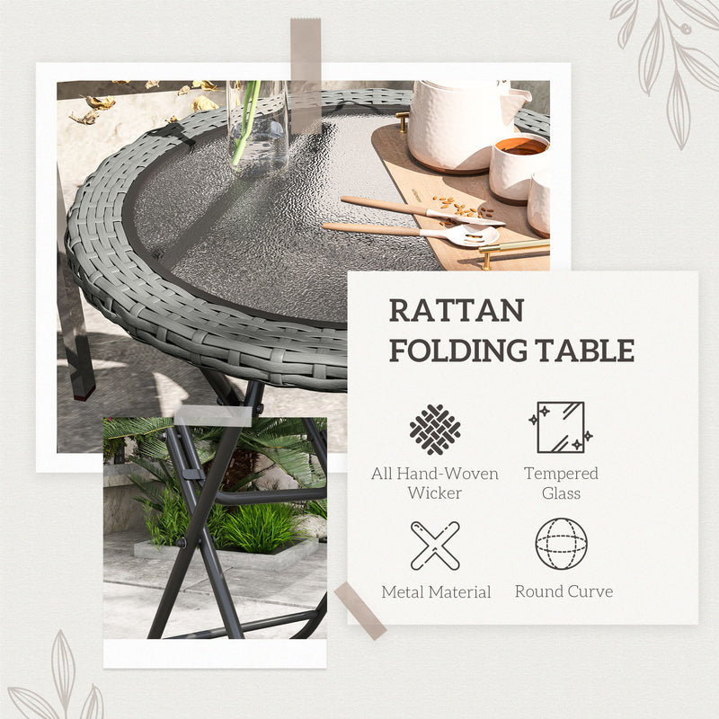 Folding Round Garden Table with Tempered Glass Top and Grey Rattan Edging by Outsunny