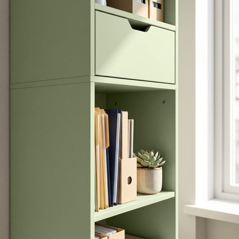 Slim Bookcase With Drawer and Cupboard for Small Room Storage Green