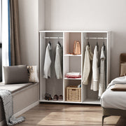 White Double Open Wardrobe With Shelves And 6 Wheels For Mobile Bedroom Storage