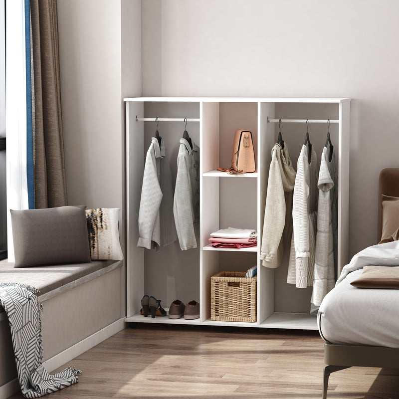 White Double Open Wardrobe With Shelves And 6 Wheels For Mobile Bedroom Storage