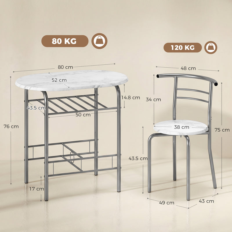 Compact Dining Table and 2 Chairs with Shelf for Small Kitchens White Marble Effect