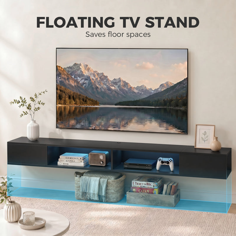 Wall Mounted Floating TV Stand with LED Lights and Cable Management for Tidy Living Room, Black