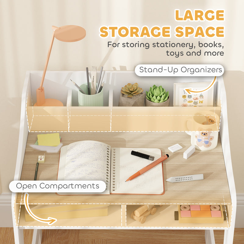 Kids Desk and Chair Set with Storage for Homework and Crafts Ages 3–8 Natural and White AOSOM