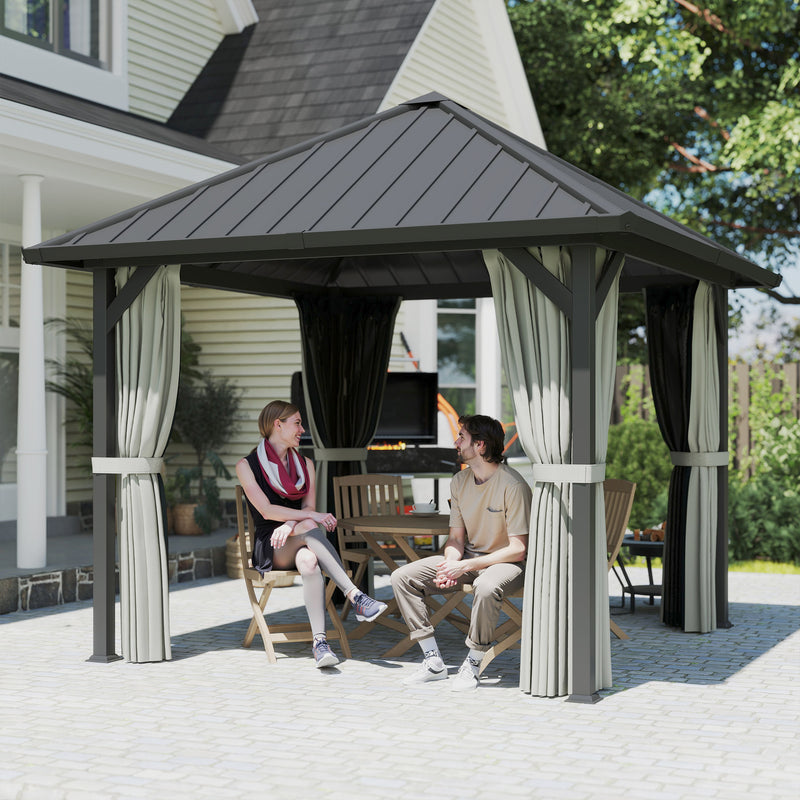 3x3m Metal Garden Gazebo with Waterproof Galvanised Steel Roof and Privacy Curtains for Year Round Outdoor Shelter Black