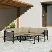 4 Piece Metal Garden Furniture Set with Glass Table and Padded Cushions Khaki by Outsunny