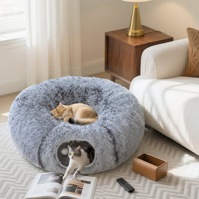 2 in 1 Donut Cat Tunnel Bed with Toy Ball and Door Hole for Indoor Play, Light Grey
